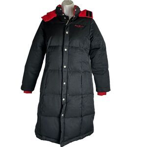Pepe Jeans London UK red black removable hood full length puffer jacket Size S